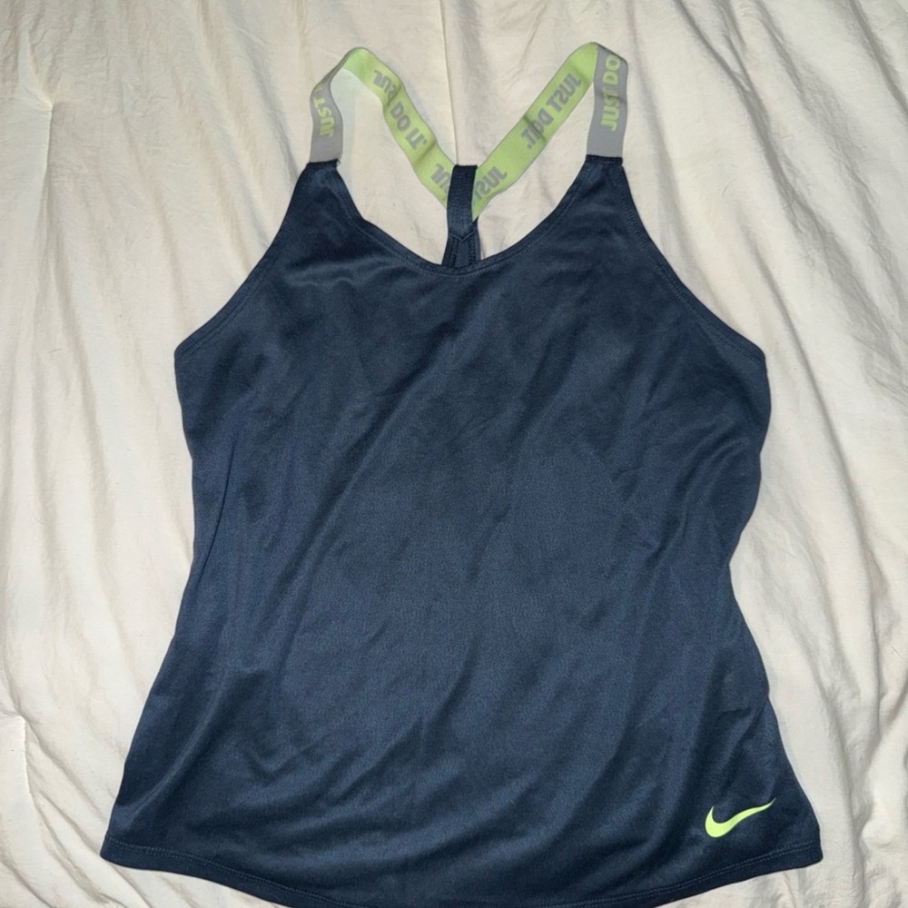 Nike Women's Dark Blue Tank Top with Lime Accents